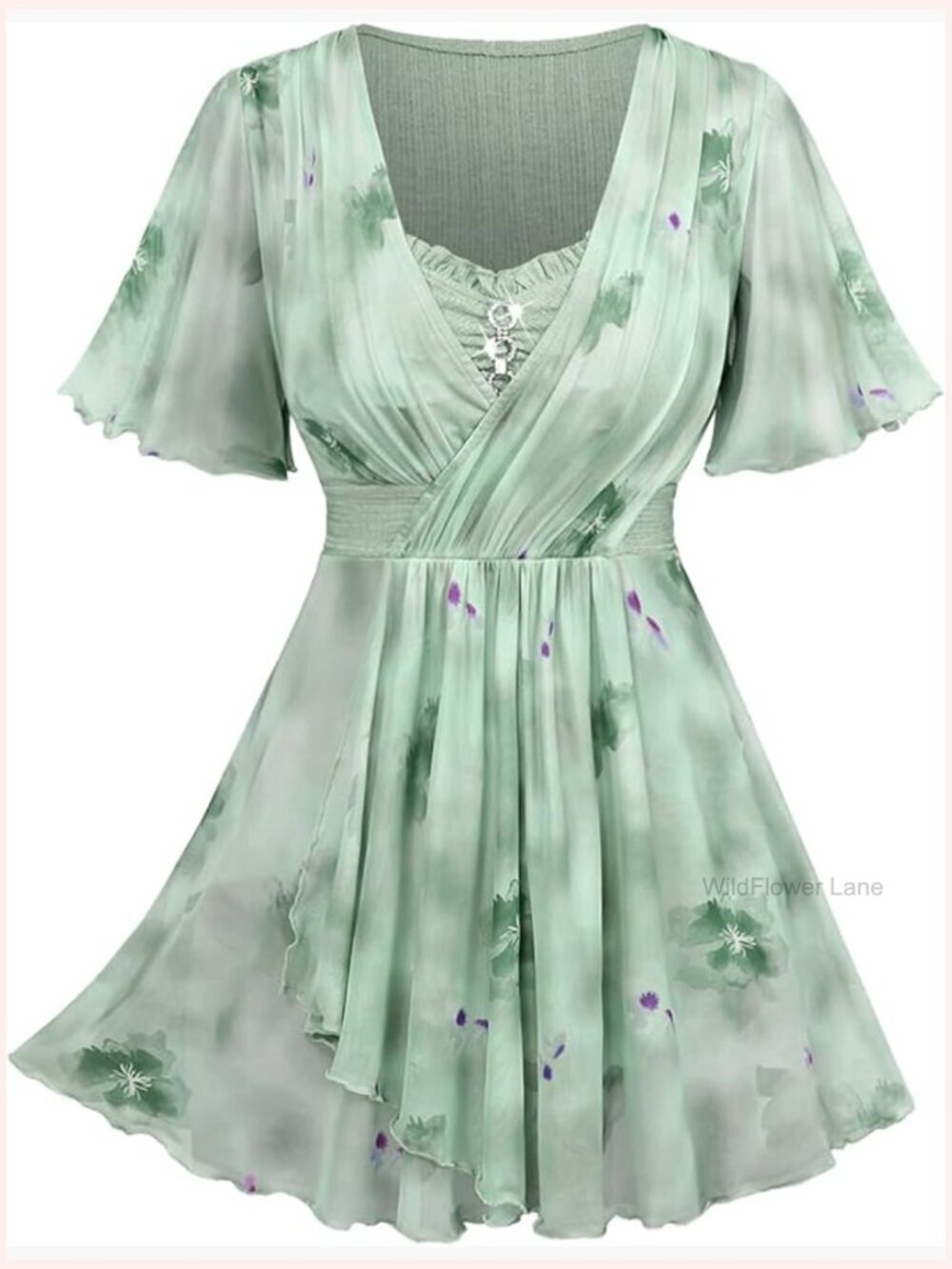 Plus Size Surplice Tunic Peplum Top Flutter Sleeve V-Neck